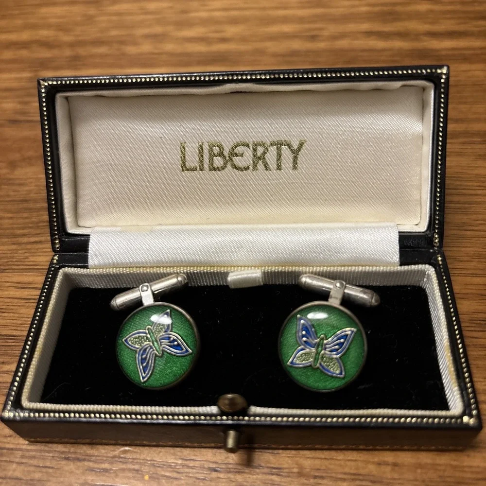 Liberty Of London Green Enamel Butterfly Sterling Silver Cufflinks Vintage 925